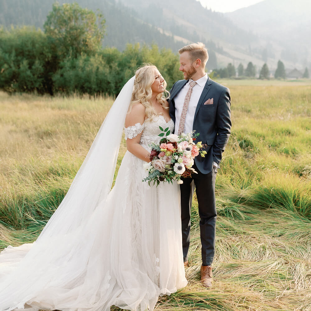 Wedding couple in the fields near Lake Tahoe