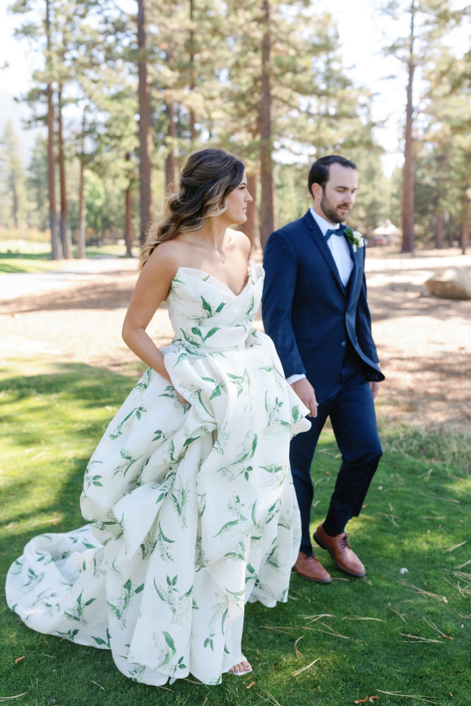 Lake Tahoe wedding with a bride wearing a colorful dress